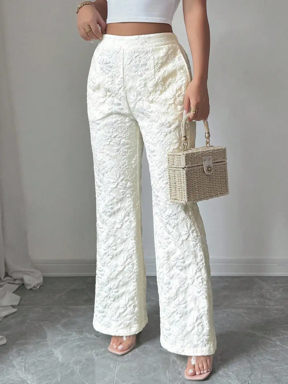Wide Leg High Waist Textured Pocketed Pants