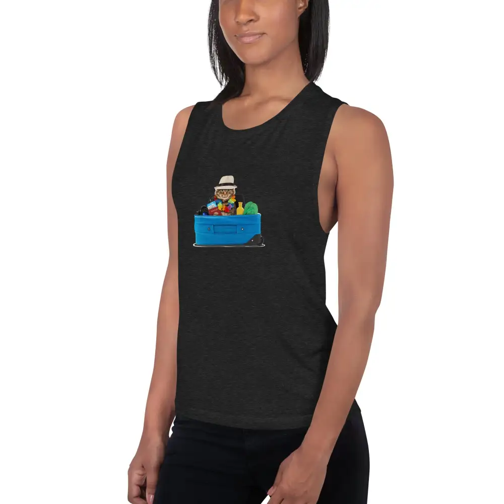 Graphic Ladies Muscle Tank Cat Tourist Tank Top
