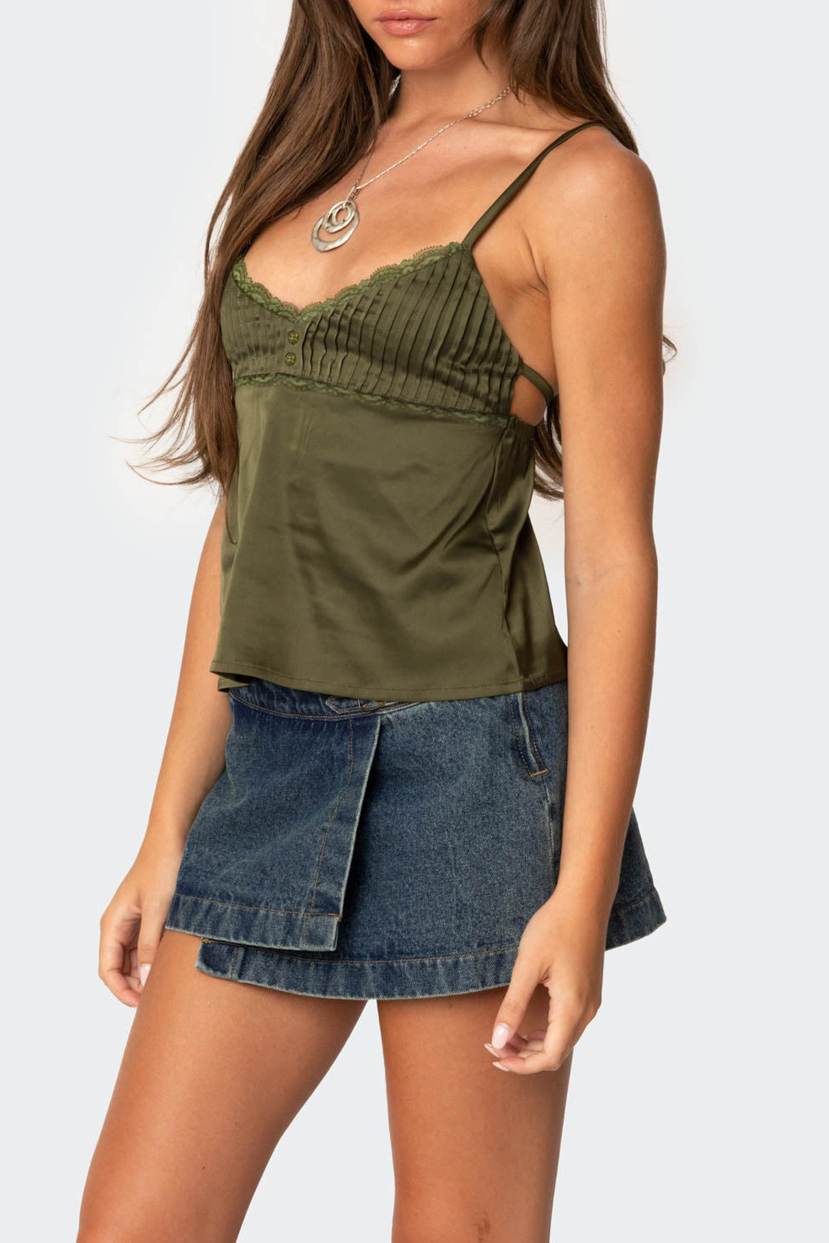 Satin Pleated Lace Trim Tank Top