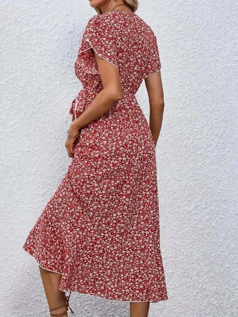 Print Ruffle Hem Wrap Midi Dress