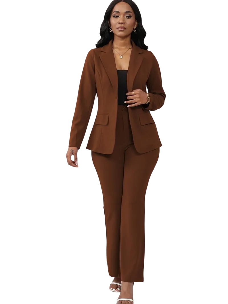 Women's Basic Plain Button Lapel Neck Blazer & Suit Pants