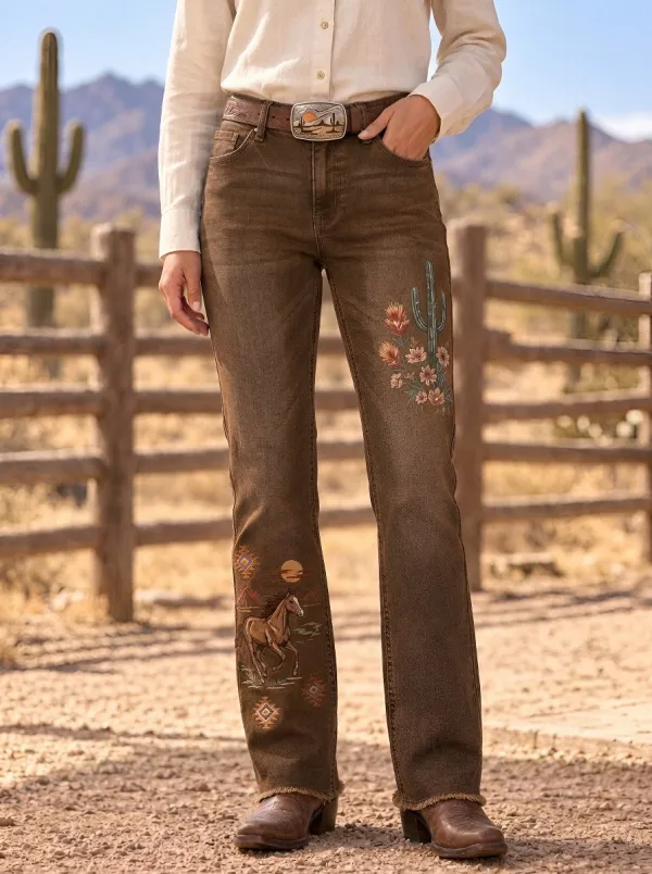 Women's Western Cowboy Horse Cactus Floral Jeans
