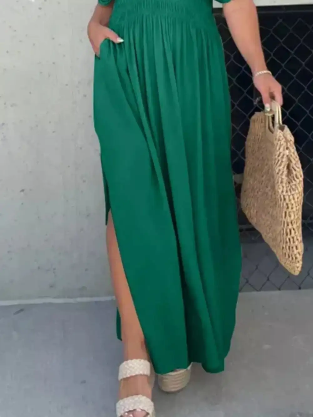 V Neck Smocked Slit Maxi Dress