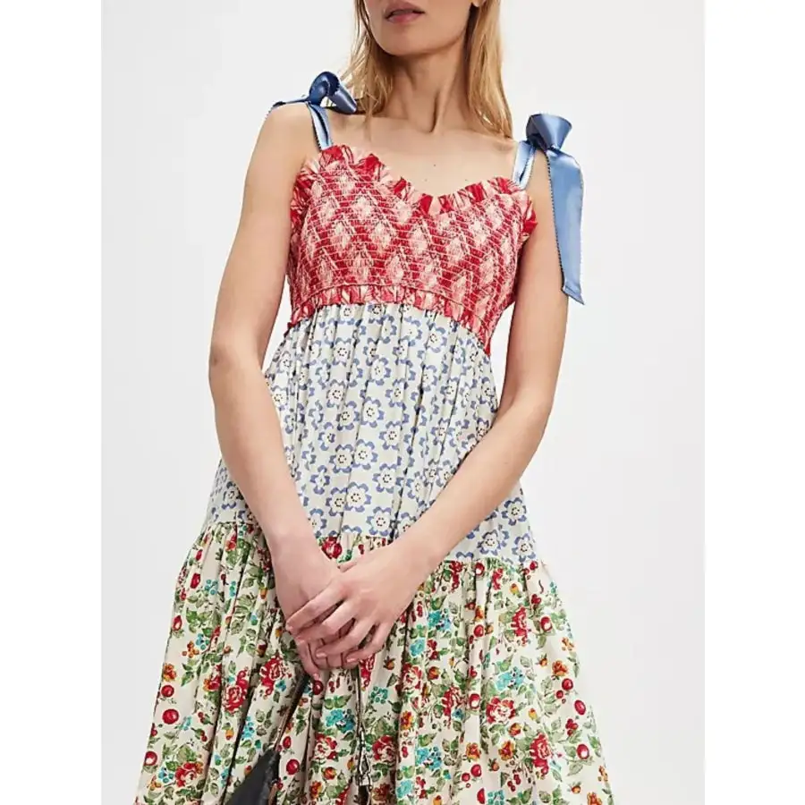 Smocked Tie Shoulder Printed Maxi Dress