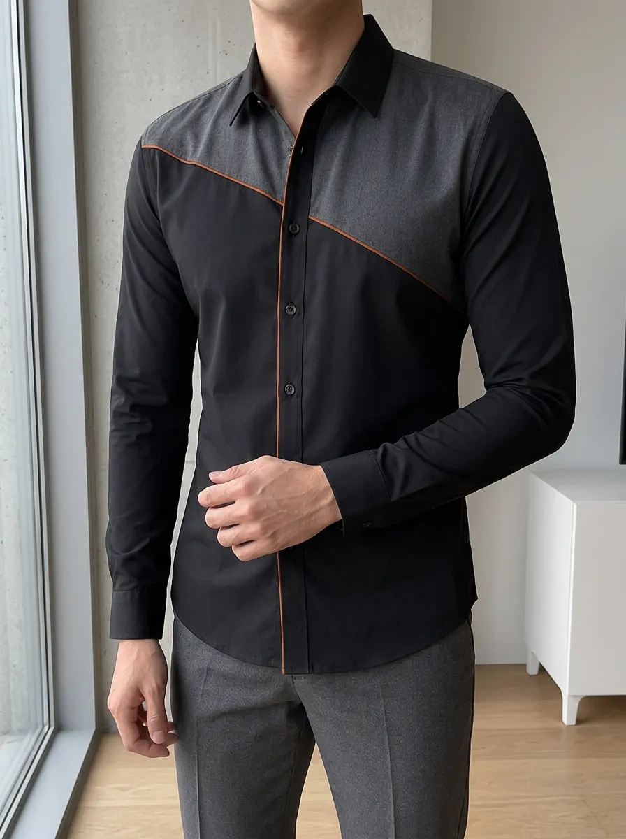 Men's Slim Fit Colorblock Contrast Piping Long Sleeve Shirt