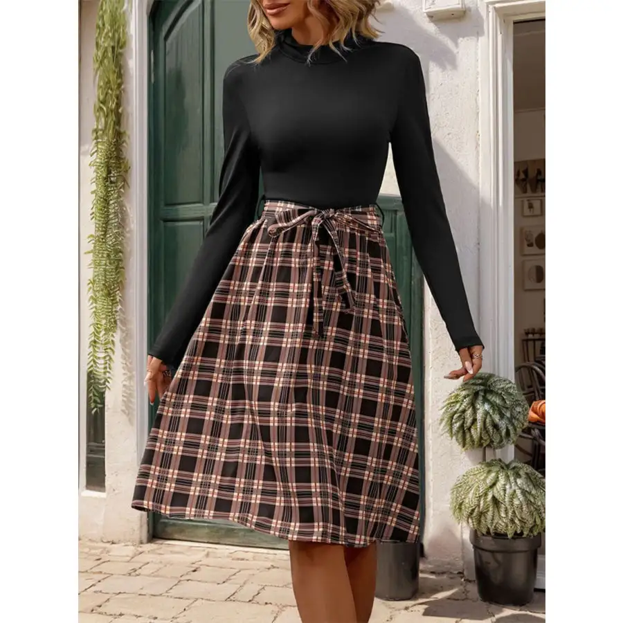 Plaid Mock Neck Long Sleeve Dress
