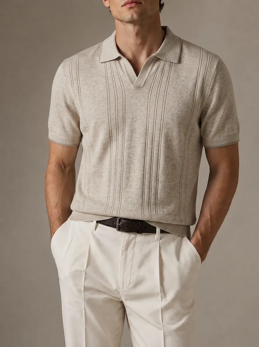 Men's Casual Vintage Vertical Striped Knit Polo Shirt