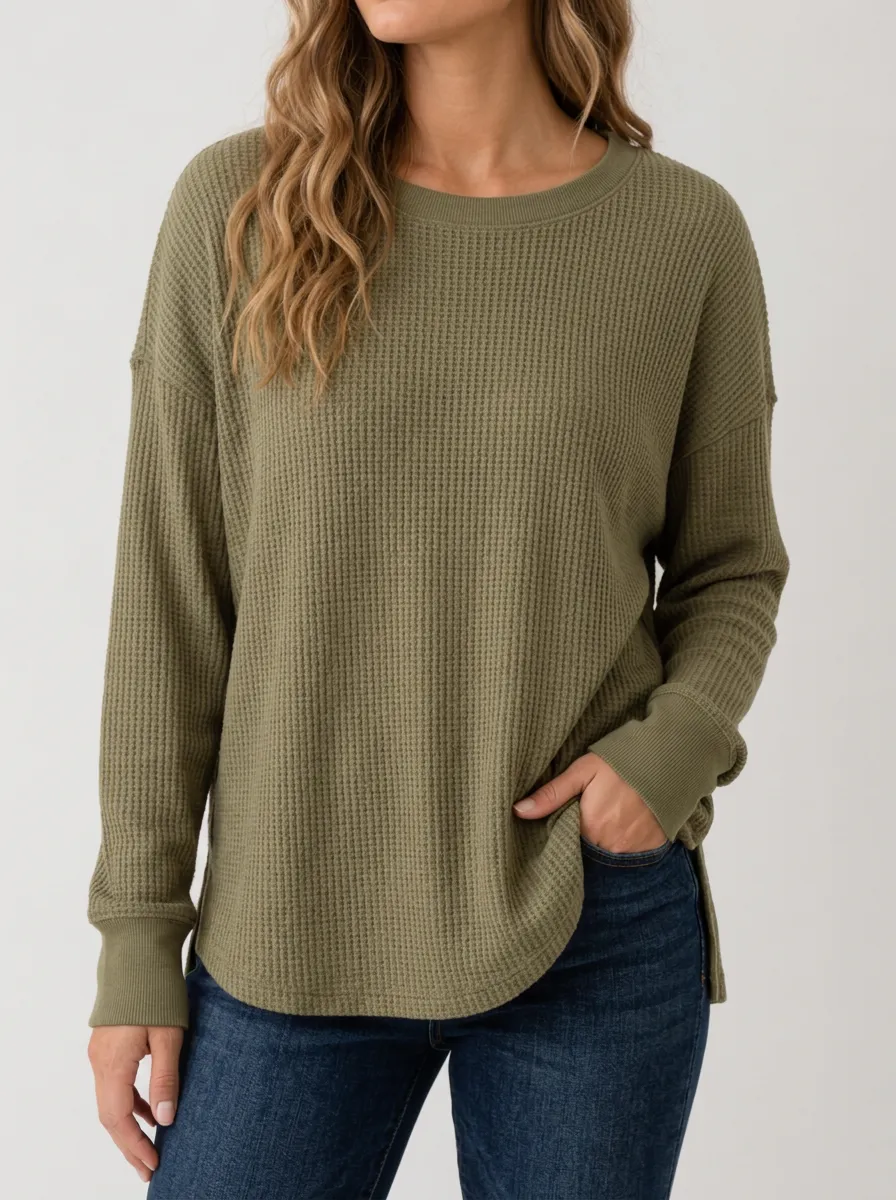Modern Weekend Waffle Knit Long Sleeve Crewneck Top