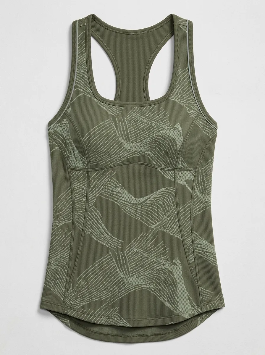Women's Yoga Fitness Olive Green Abstract Line Printed Tank Top