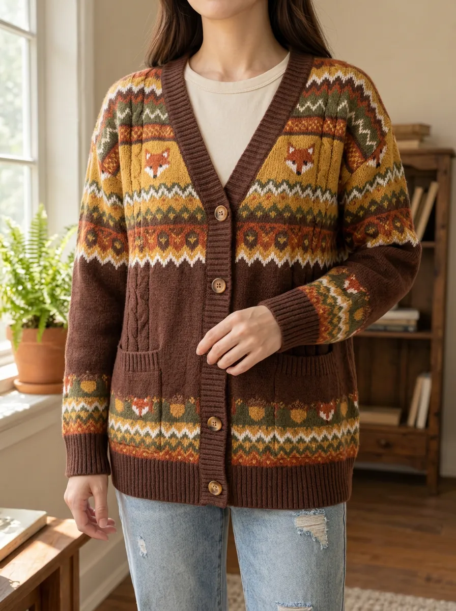 Women's Fox Lover Autumn Fair Isle Printed Cardigan