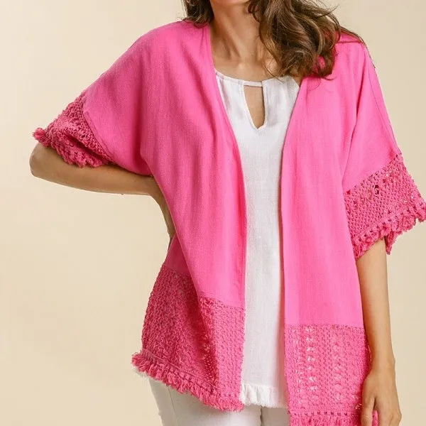 Open Front Crochet Lace Detail Dropped Shoulder Cardigan