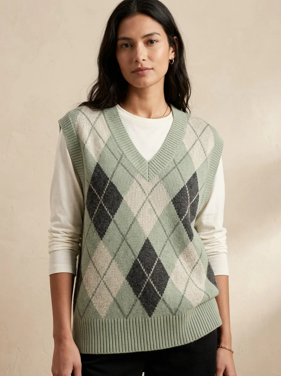 Clean-Lined Preppy Argyle Sweater Vest