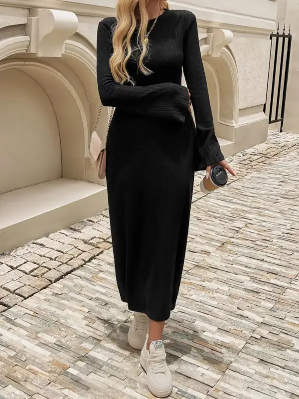 Wearable Cut Ribbed Knit Long Sleeve Midi Dress