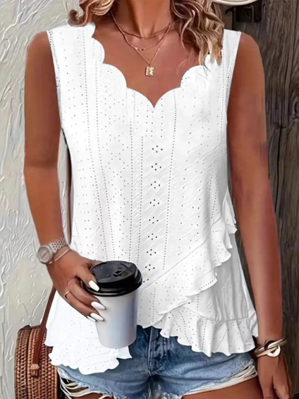 V-Neck Eyelet Ruffled Tank Top