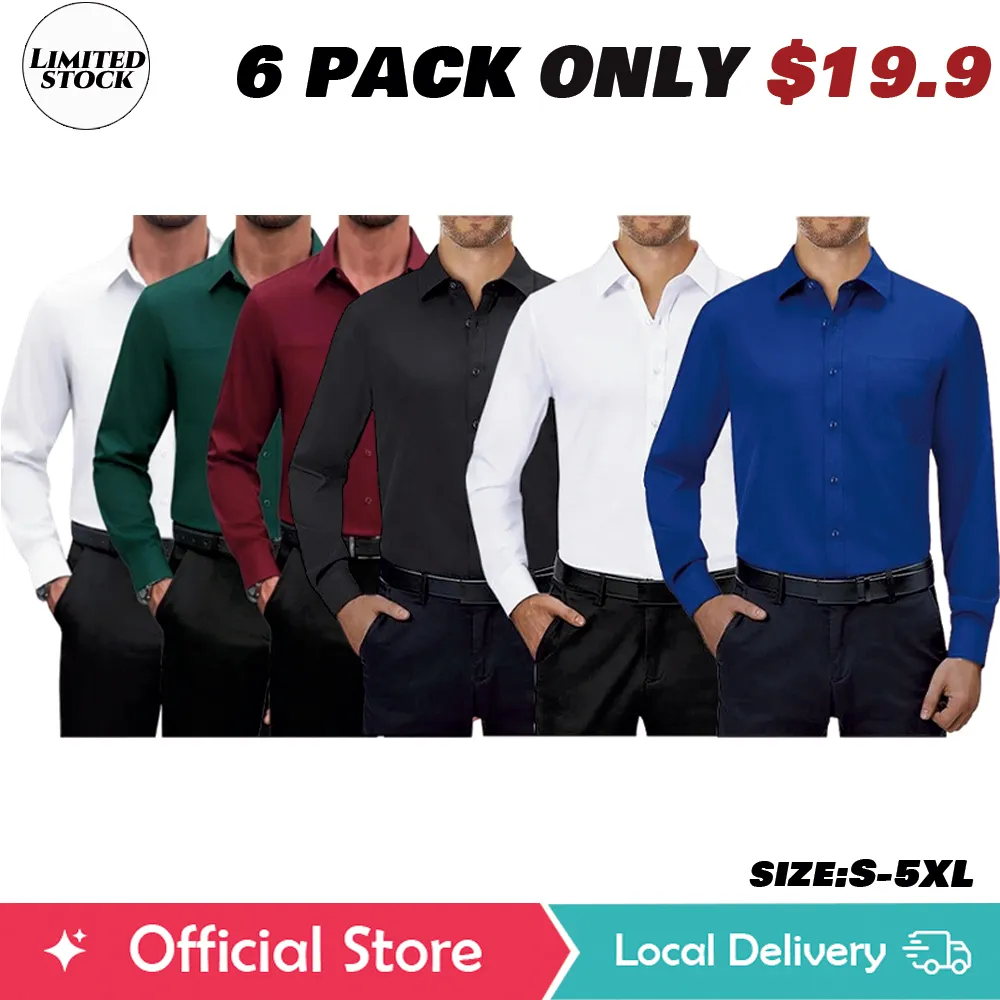 3/6-Pack Men'S Dress Shirts 4-Way Stretch Long Sleeve Collared Solid Wedding Dating Button Down Shirts Casual Breathable Outfits Menswear