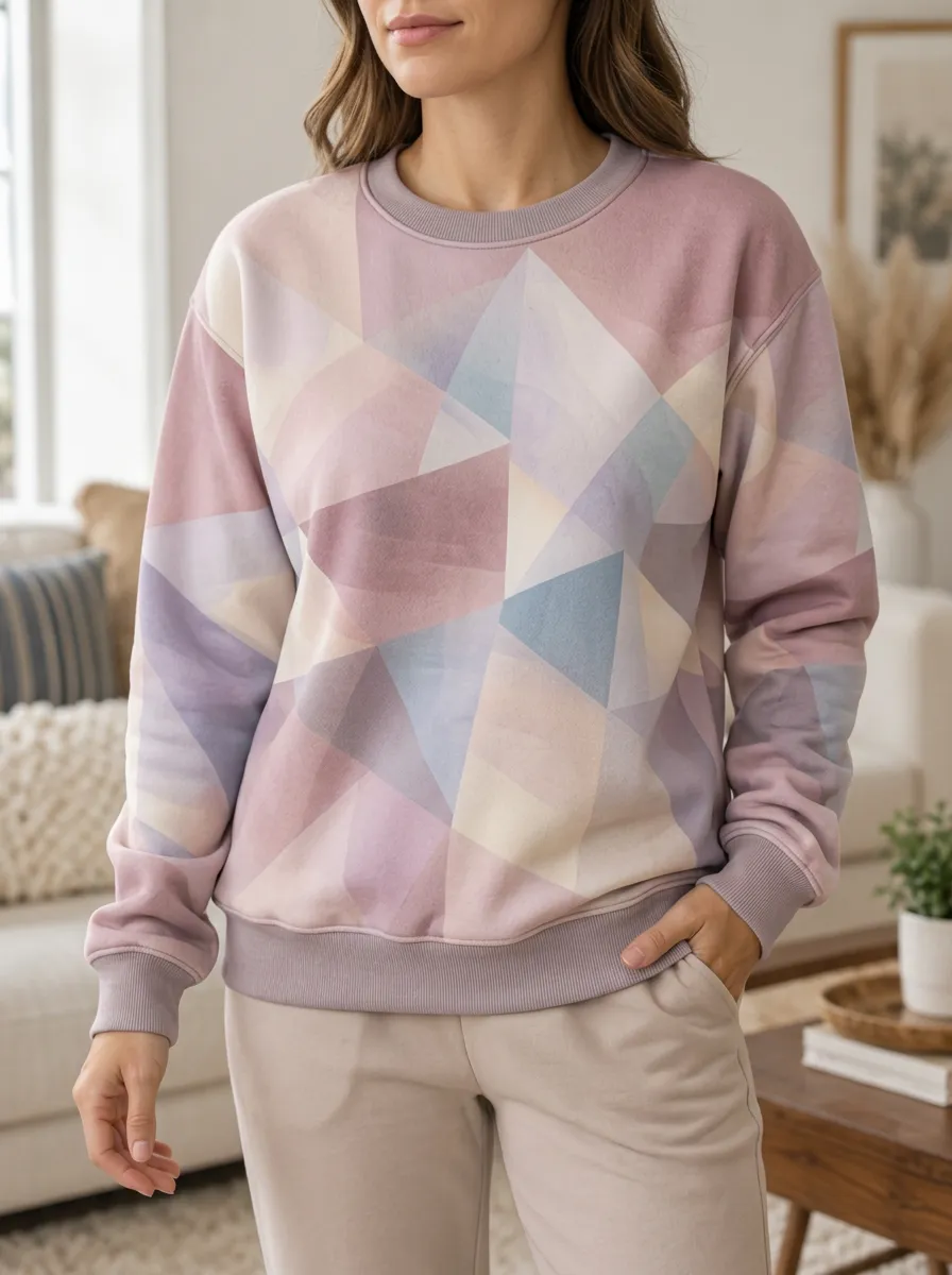 Women's Multicolor Geometric Print Crewneck Sweatshirt Long sleeves finished with ribbed cuffs