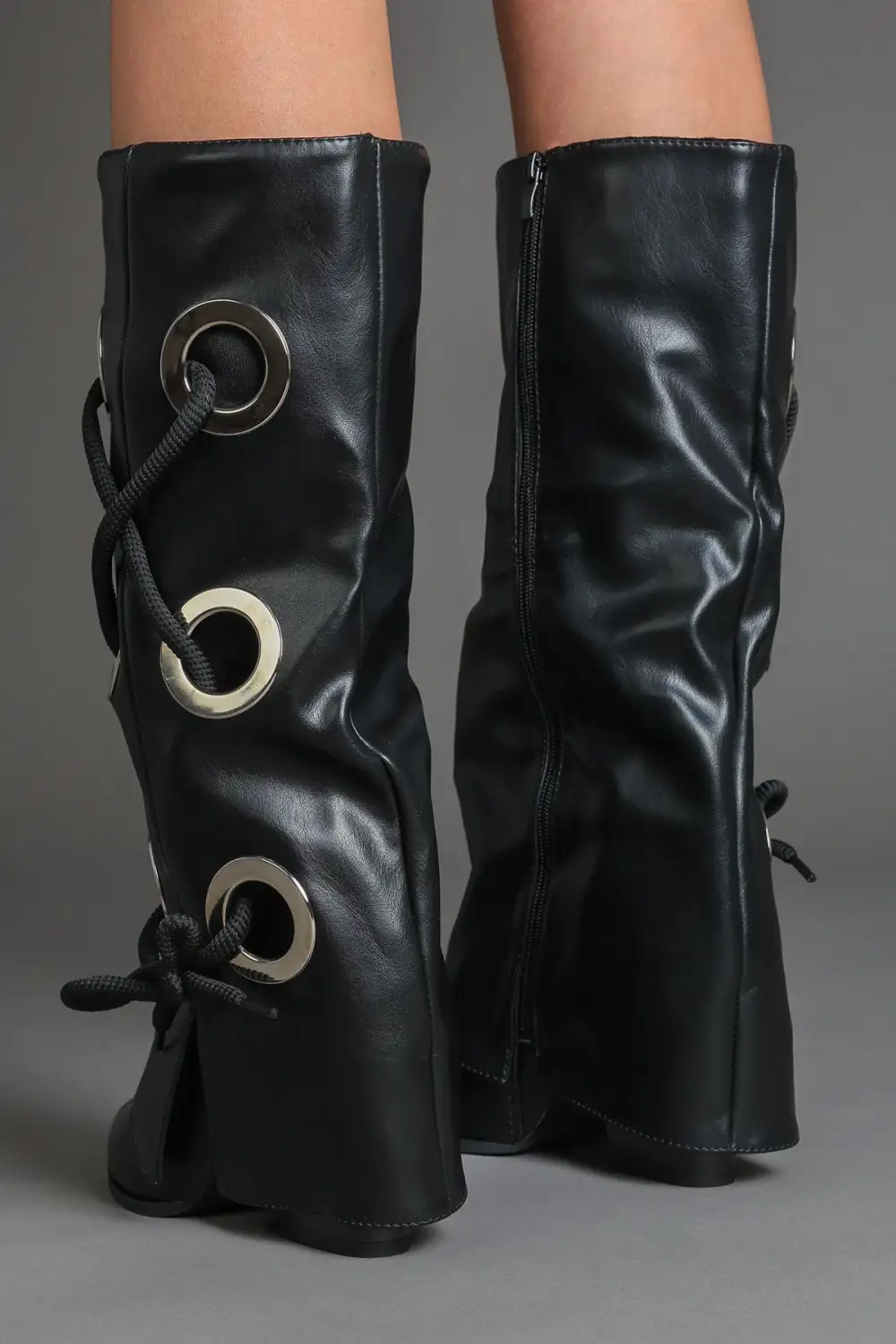 Modern Fold-Over Lace Detail Pointed Toe Faux Leather Knee High Boots