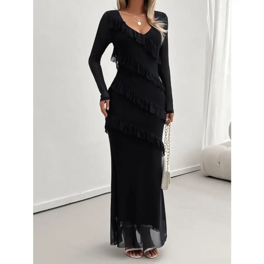 Devine Ruffled Surplice Long Sleeve Maxi Dress