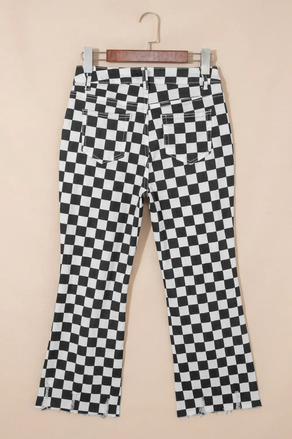 Print Cropped Distressed Checkerboard Holes Raw Jeans