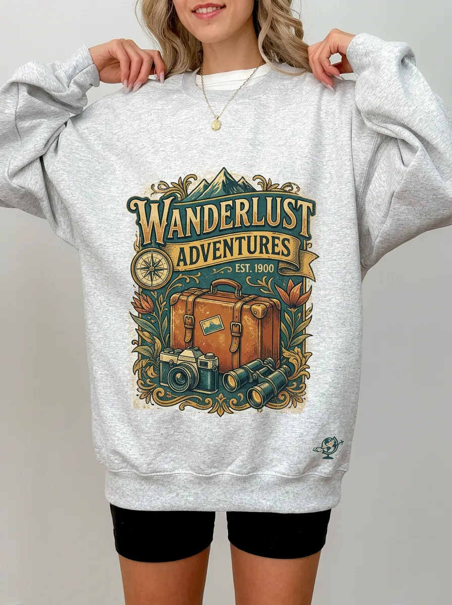 Women's Wanderlust Adventure Travel Camera Graphic Crewneck Sweatshirt