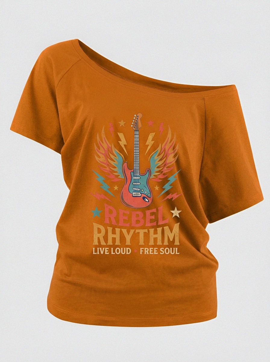Women's Rock Music Lover Winged Guitar Rebel Rhythm Printed Off-Shoulder Top