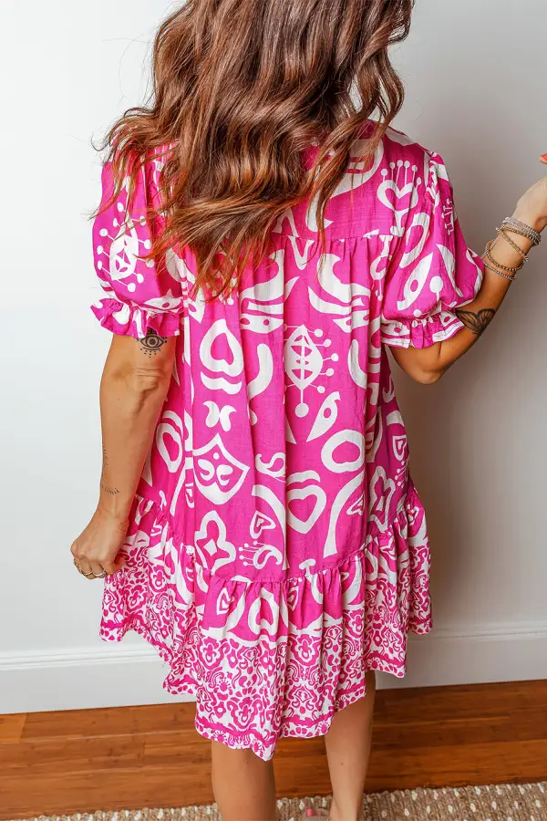 Wearable Cut Printed V Neck Short Sleeve Dress