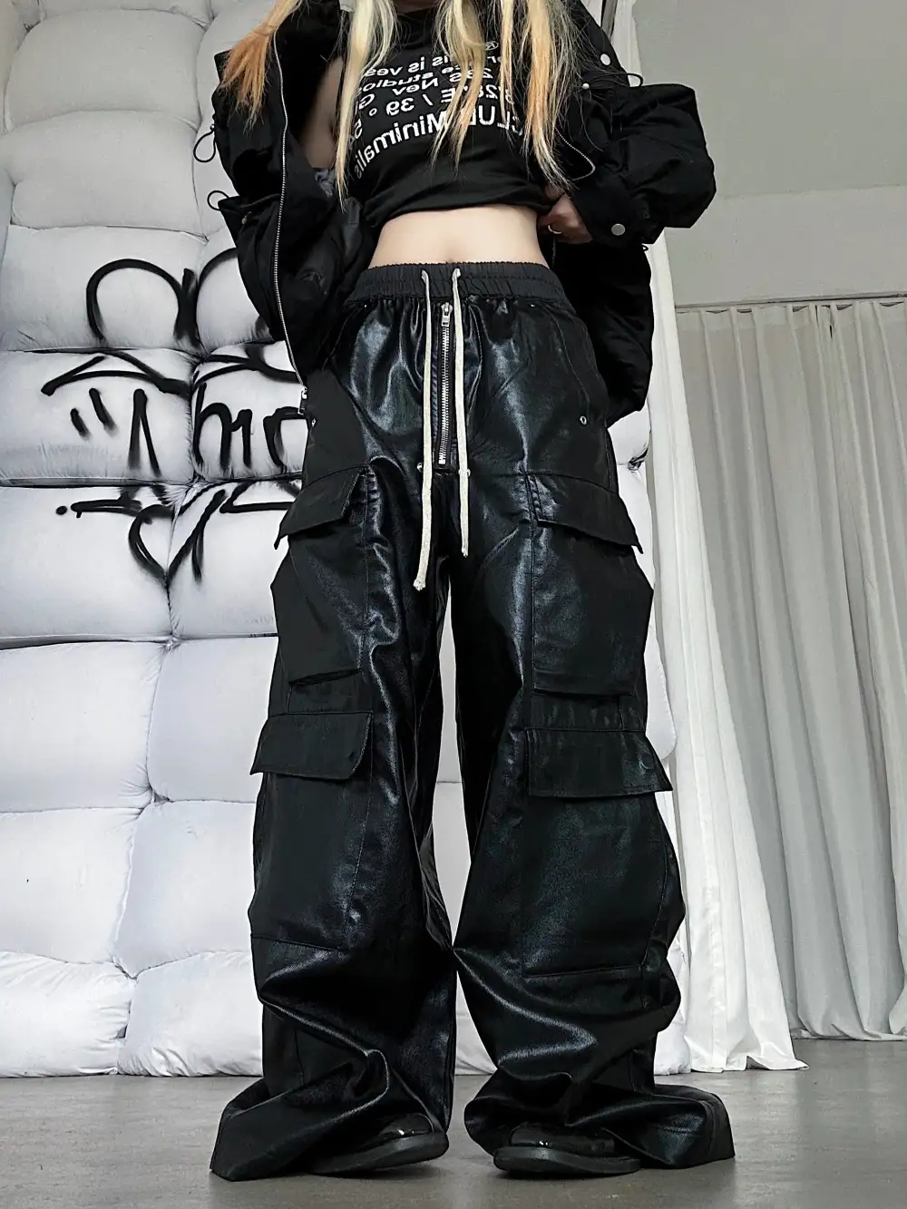 Coated PU Wide Leg Cargo Pants