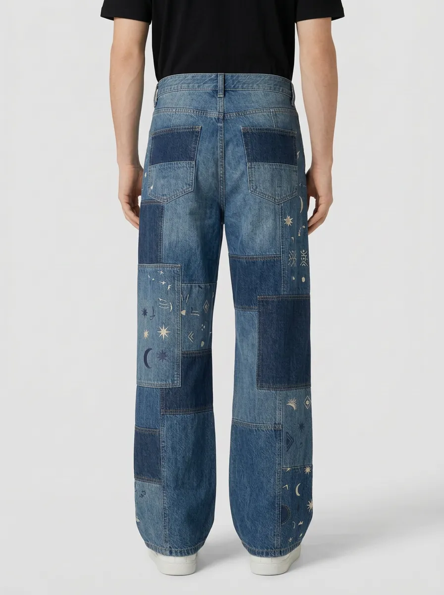 Wide Leg Patchwork Celestial Graphic Star-and-Moon Graphic Men's Loose Fit Jeans