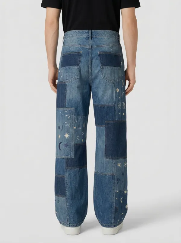 Wide Leg Patchwork Celestial Graphic Star-and-Moon Graphic Men's Loose Fit Jeans
