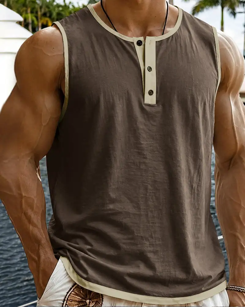 S Relaxed Contrast Trim Henley Sleeveless Tank Top
