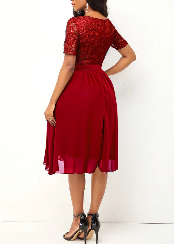 Chiffon Round Neck Lace Patchwork Red Dress