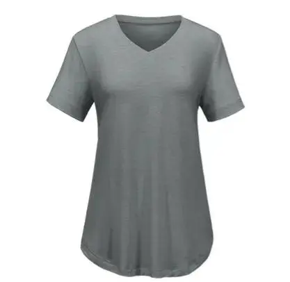 Women's Casual V-Neck Solid Color T-Shirt with Curved Hem