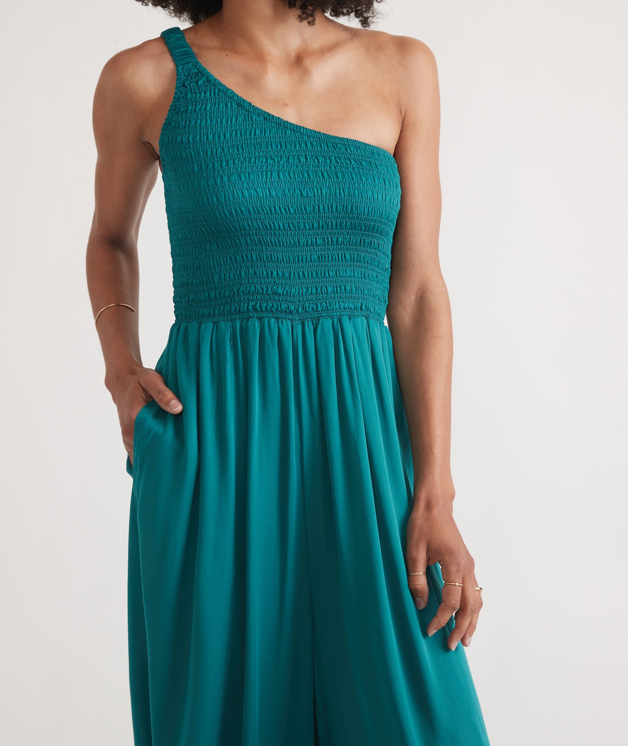 One-Shoulder Smocked Wide-Leg Jumpsuit