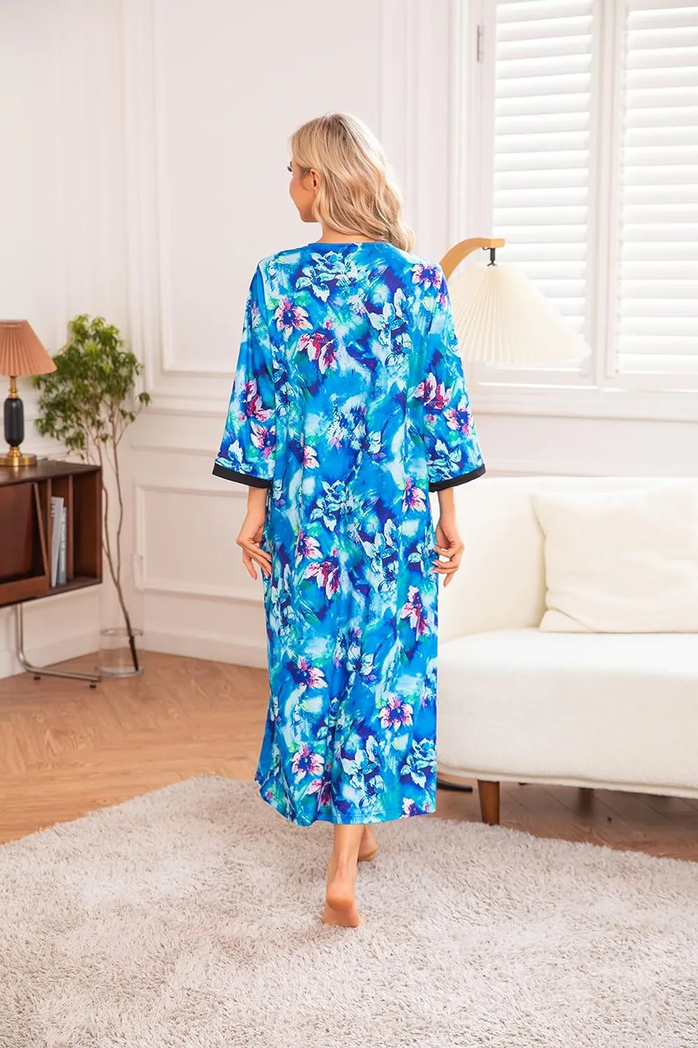 50% OFF Women Zipper Robe 3/4 Sleeves Loungewear Dress Full Length Sleepwear Pockets Housecoat Nightgown Long Bathrobe