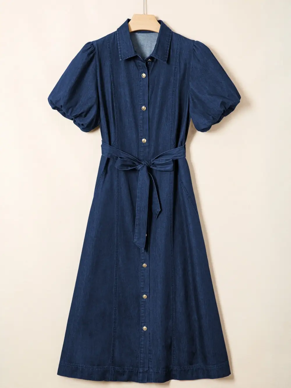 Denim Button Front Tie Waist Midi Dress