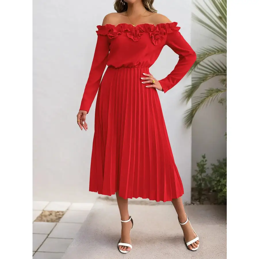 Off-Shoulder Ruffle Pleated Midi Dress