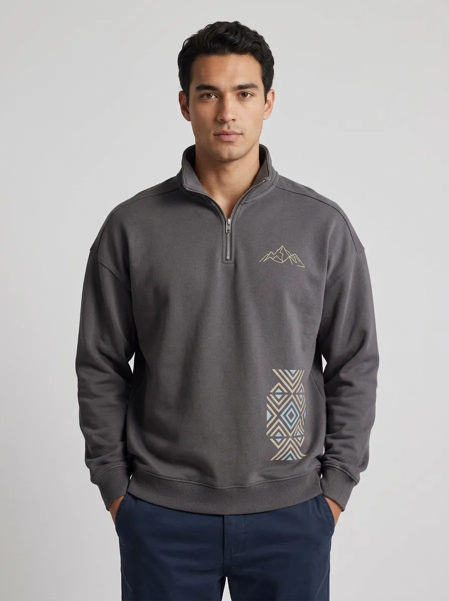 Men's Outdoor Mountain Geometric Graphic Quarter-Zip-Neck Sweatshirt