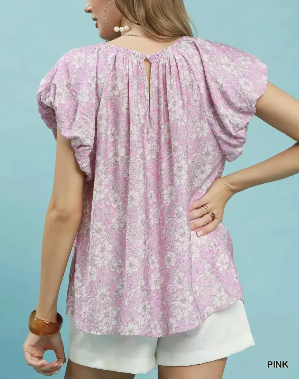 Rayon Floral Print Puff Sleeve Gathered Round Neck Pleat Detail Blouse