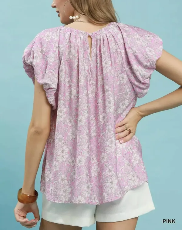 Rayon Floral Print Puff Sleeve Gathered Round Neck Pleat Detail Blouse