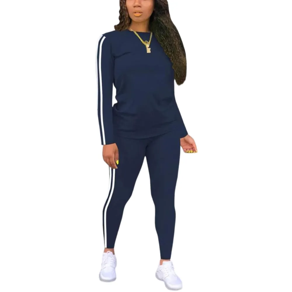 Women's Striped Print Long Sleeve Top & Pants Two-piece Set