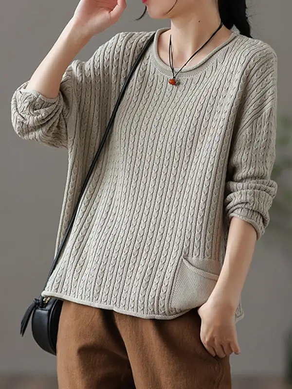 Retro Jacquard Round Neck Long Sleeve Relaxed Fit Sweater