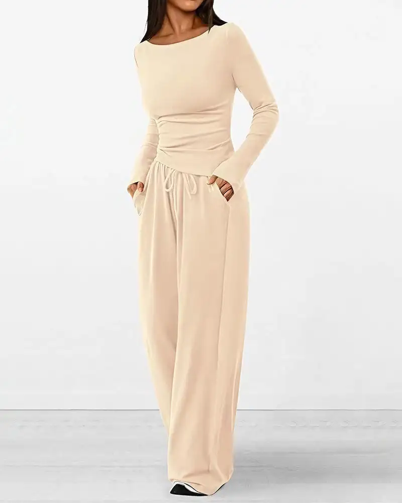 Asymmetrical Long Sleeve Top and Wide Leg Pants Lounge Set