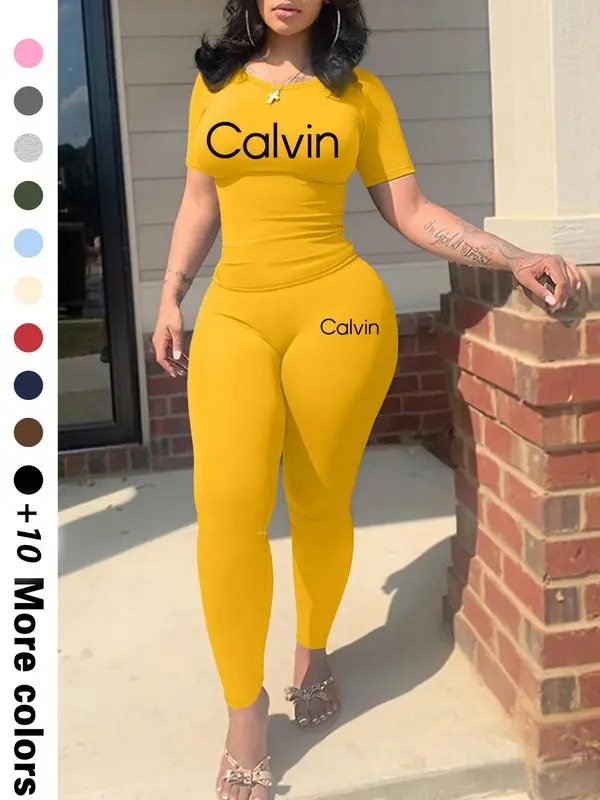 Calvin Letter Printing Women’s Casual Two-Piece Set Trendy Crop Top & Shorts | Lightweight Fabric | Effortless Summer Comfort
