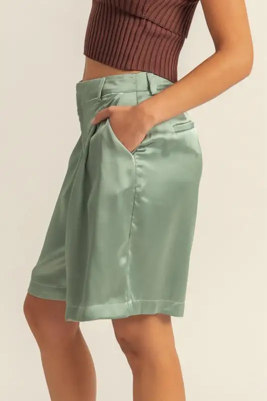 High-Waist Pleated Satin Shorts