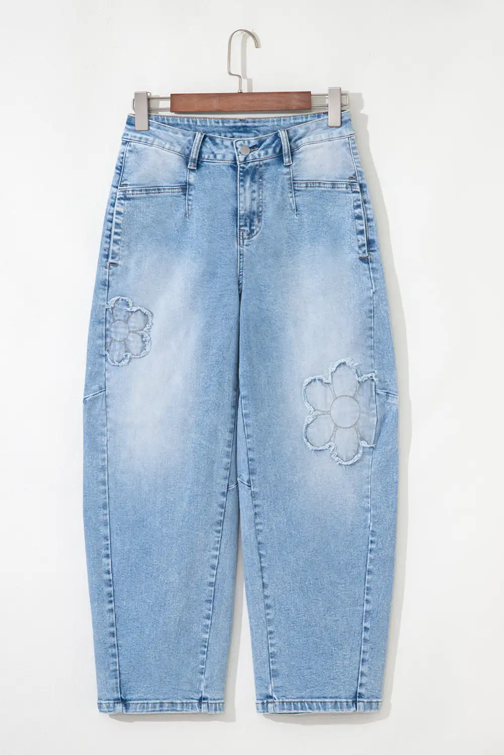 Flower Patched Wash Cropped High Waist Jeans