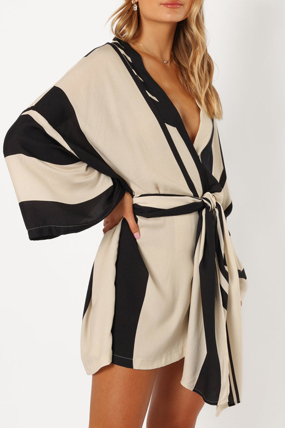 BLACK AND WHITE STRIPES WRAP DRESS
