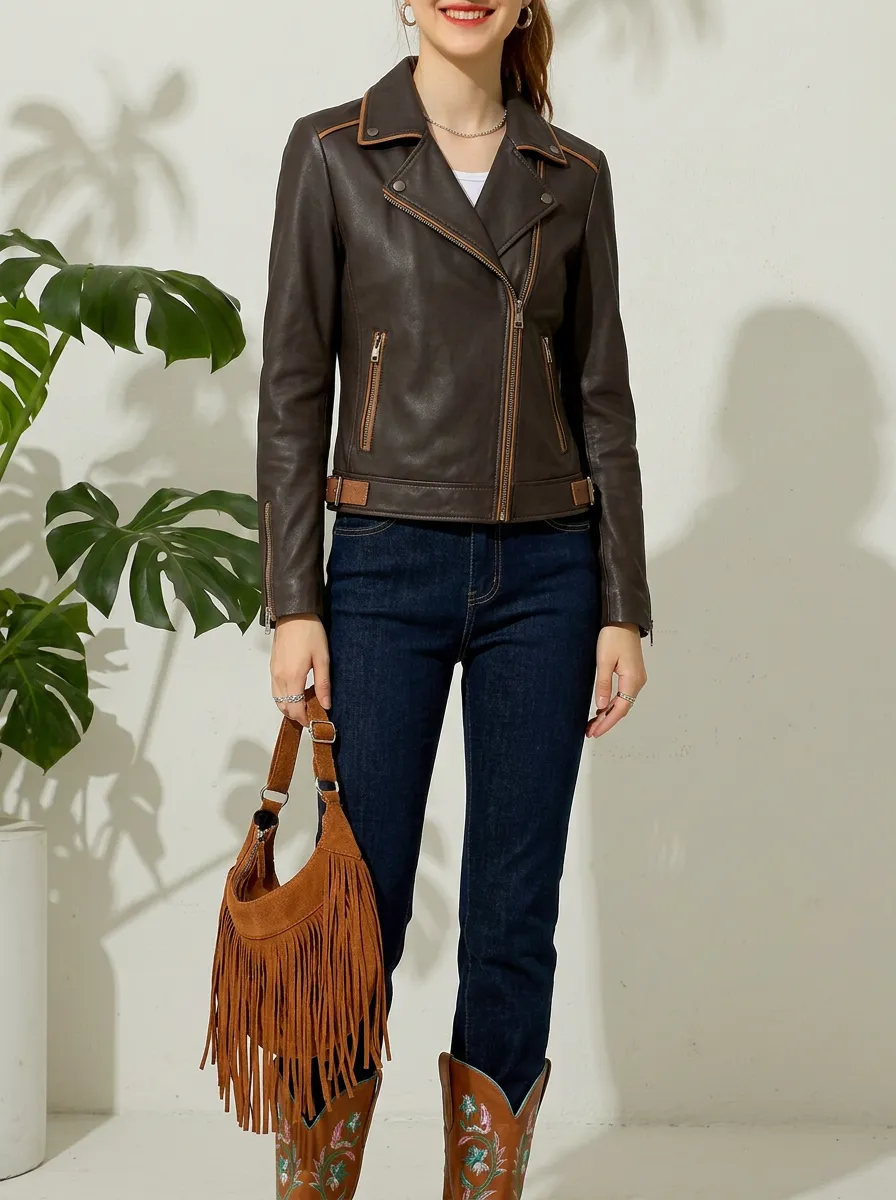 Women's Brown Faux Leather Moto Biker Jacket