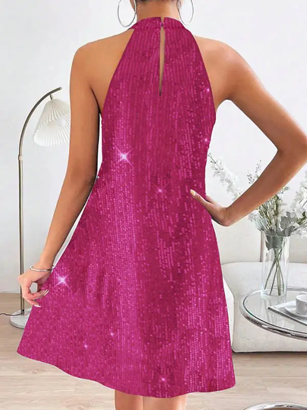 A Line Relaxed Hollow Sequined Solid Color Halter Neck Mini Dress
