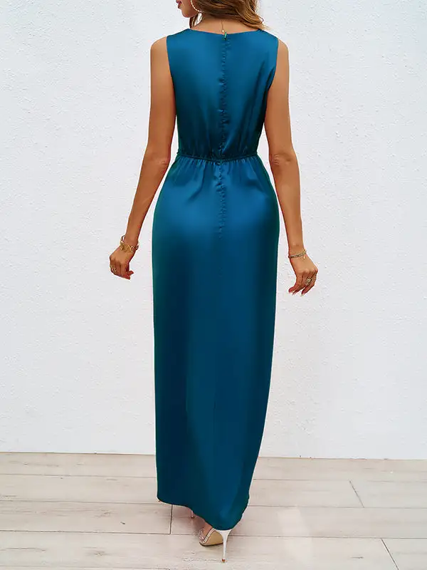 Front Pleated Sleeveless Neck Maxi Dress