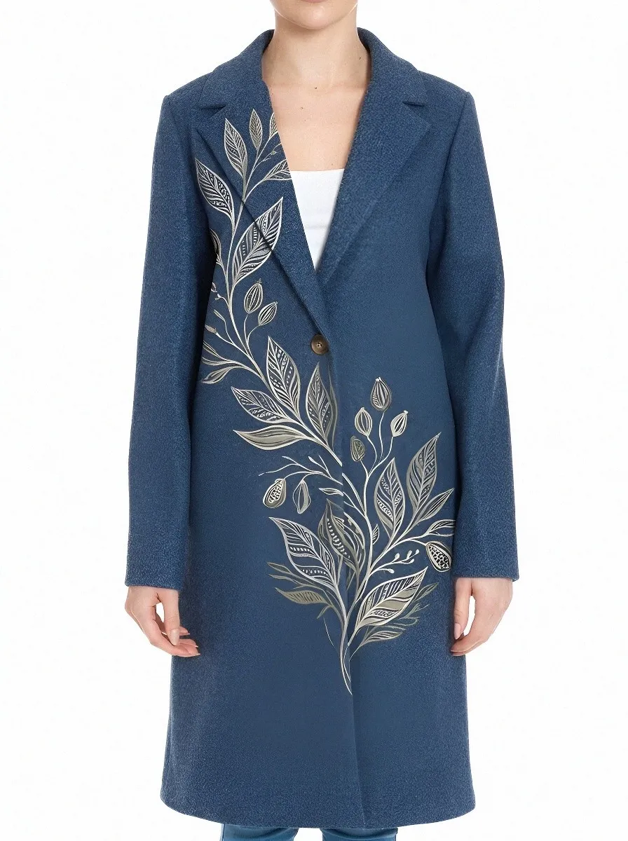 Women's Botanical Nature Lover Leaf Printed Wool Coat